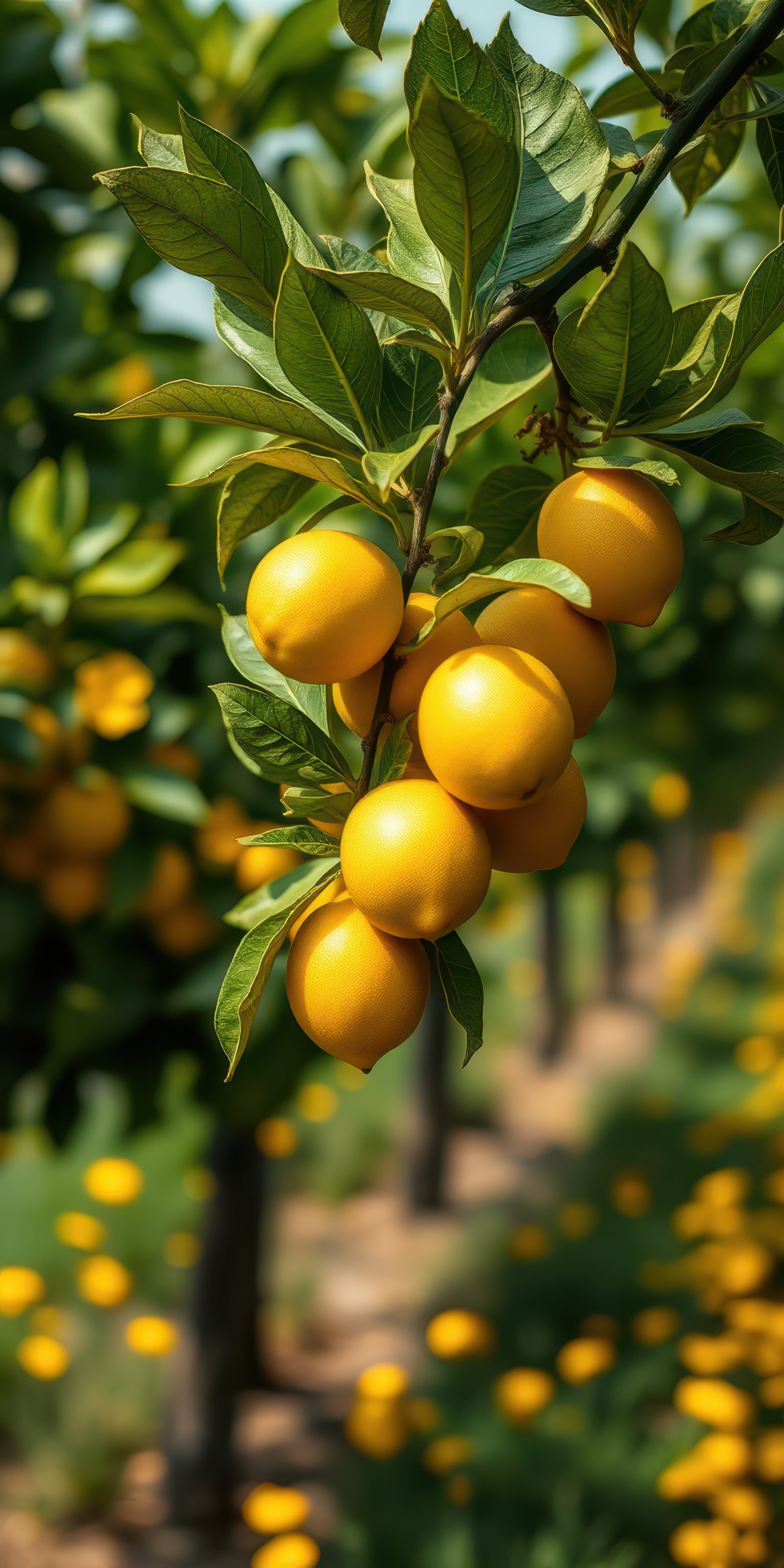 Lemons hanging on a tree branch with vibrant yellow blossoms in a sunny orchard in springtime